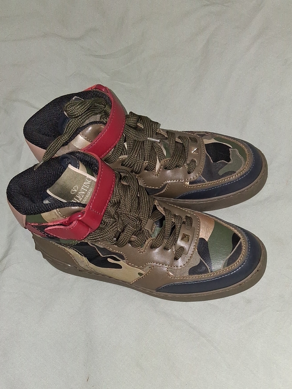 Valentino Garavani Womens Camouflage High-Top Sneakers with Red Strap